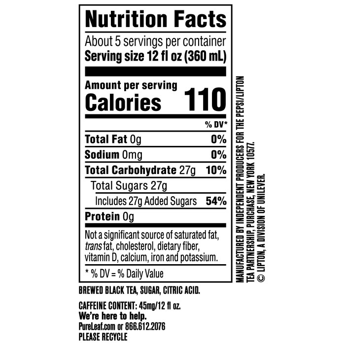 Nutrition facts for 30 oz sweet tea