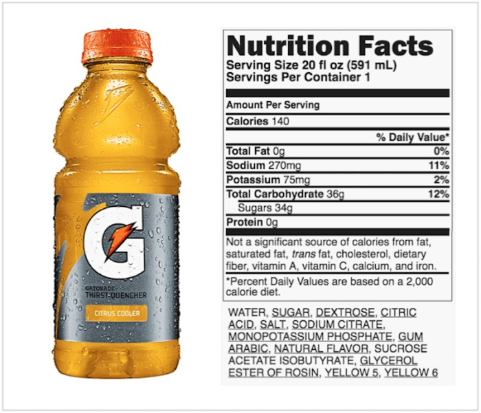 Gatorade label nutrition facts